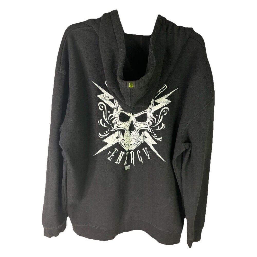 Vintage Monster Energy Sz XL Skull Hoodie Y2K Full Zip Black Logo-No Stains-GUC